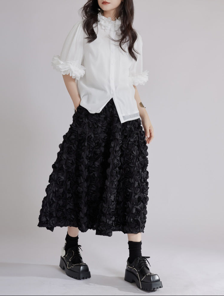 puff sleeve shirt with 3D floral trims - BLOSIOM
