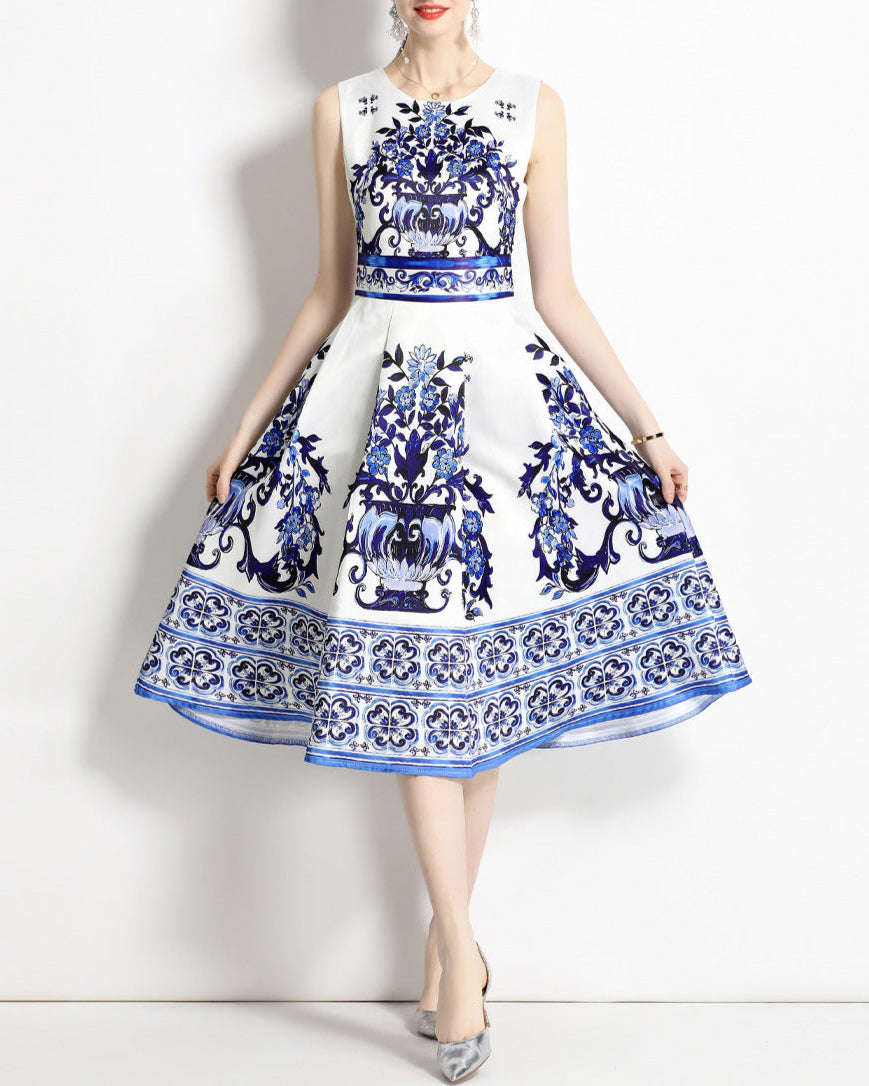 Sleeveless A-line dress with ornate vase print - CELMA