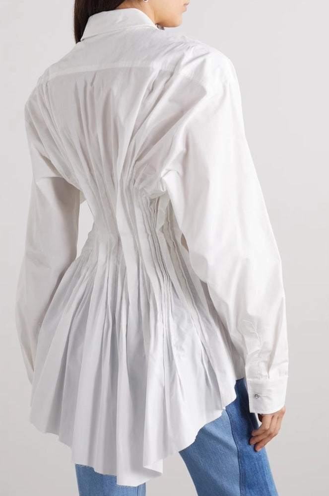 long-sleeve button-down shirt with ruched waist and flared hem – CLEO