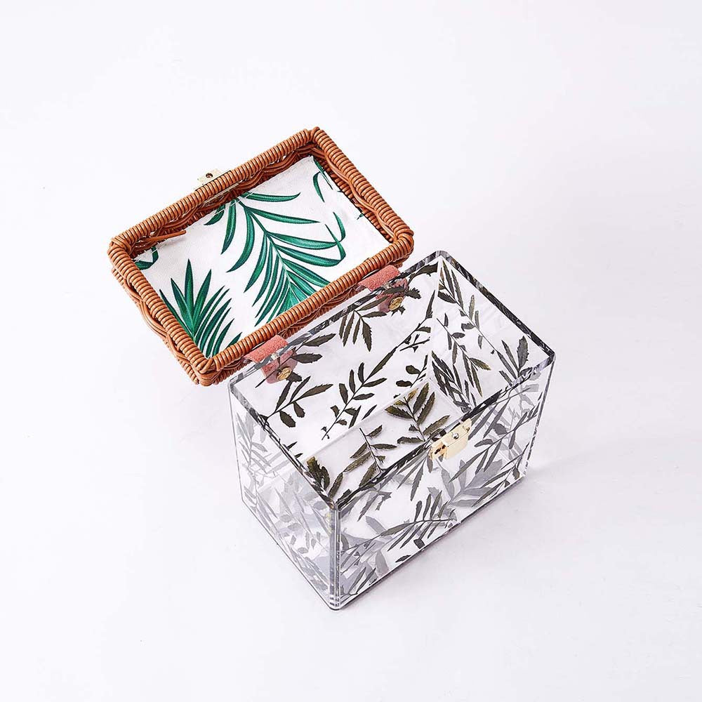 Clear acrylic box bag with bamboo handle and floral design - Lydu