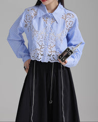 Lace-insert striped blouse with button closure - Vulga