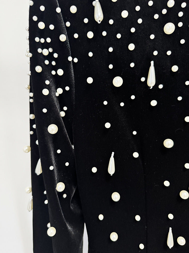 Long sleeve velvet gown with pearl cascade - Sinmu