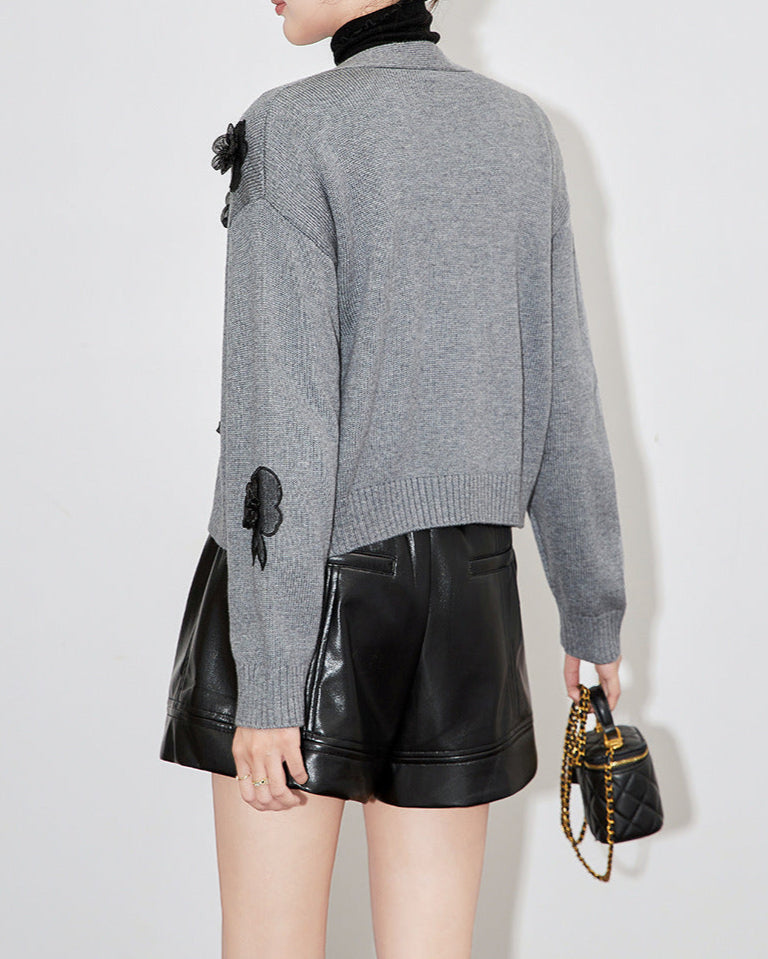 embroidered knit cardigan with floral appliqué - DINAQ