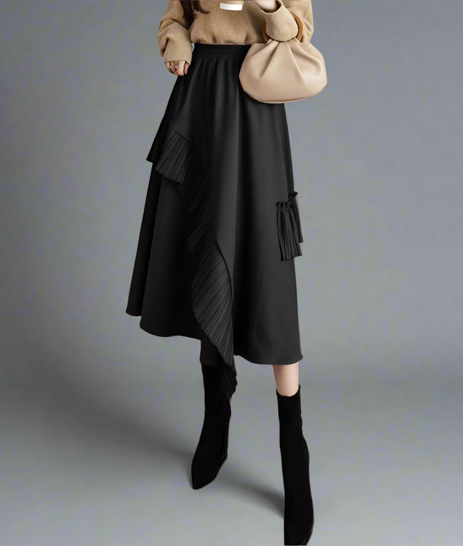 asymmetrical midi skirt with pleated ruffle trim - Firouzeh