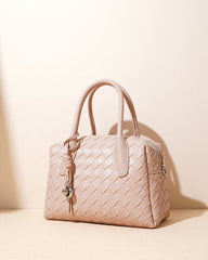 woven leather bowling bag with charm detail - ELENCA