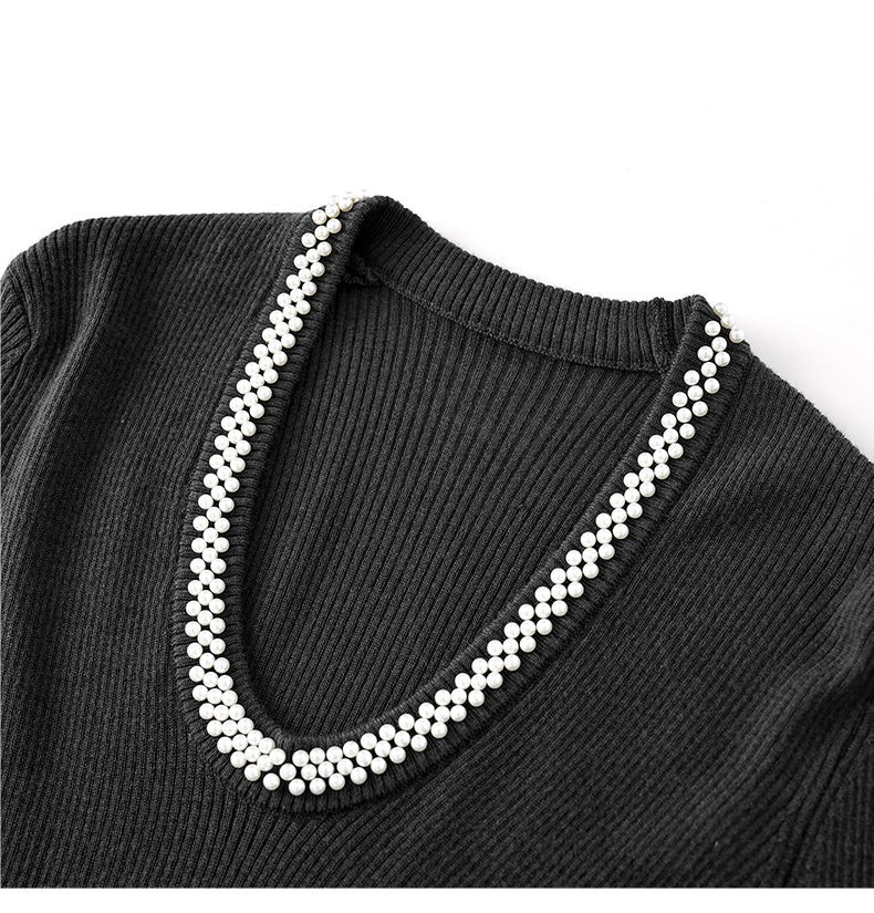 ribbed knit blouse with crystal neckline - VERA