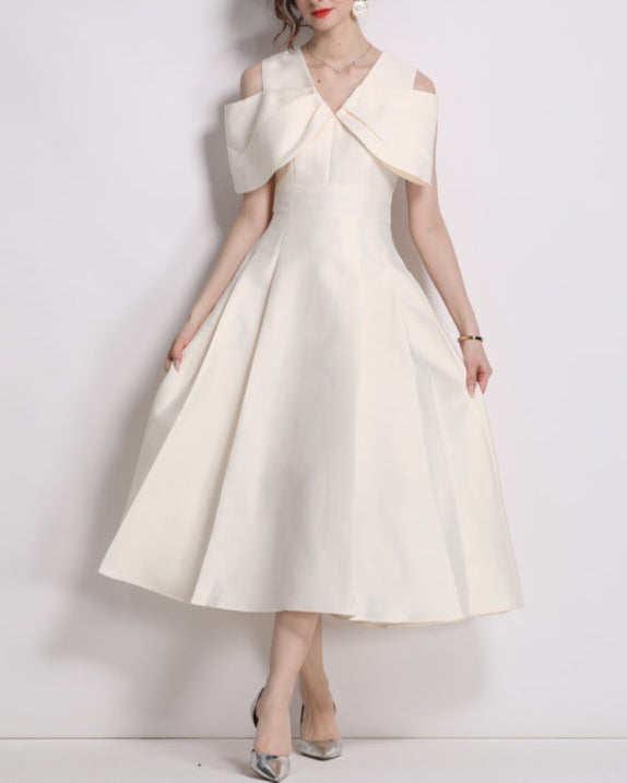 off-shoulder midi dress with oversized bow cape - CELIRNA