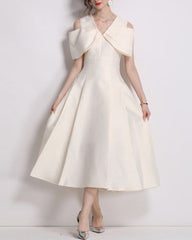 off-shoulder midi dress with oversized bow cape - CELIRNA