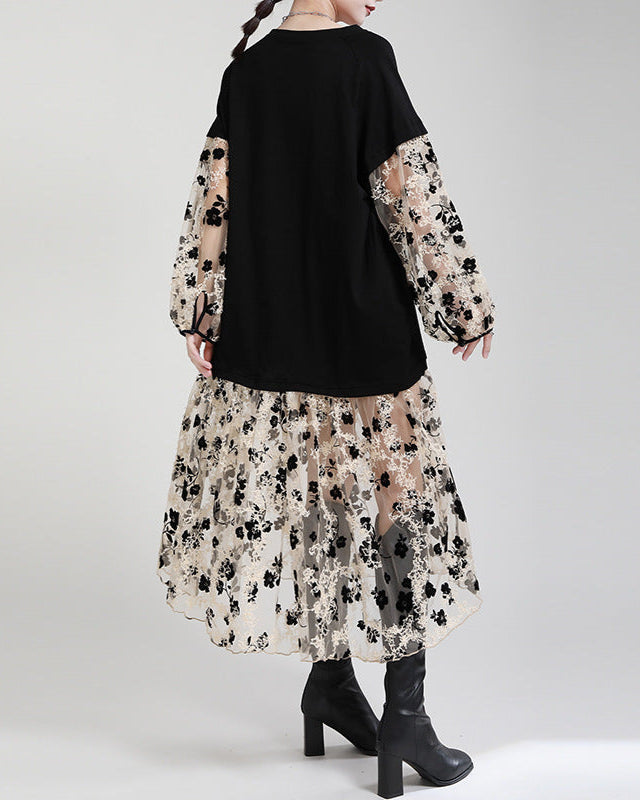 V-neck overlay dress with floral mesh layers – AMAXA