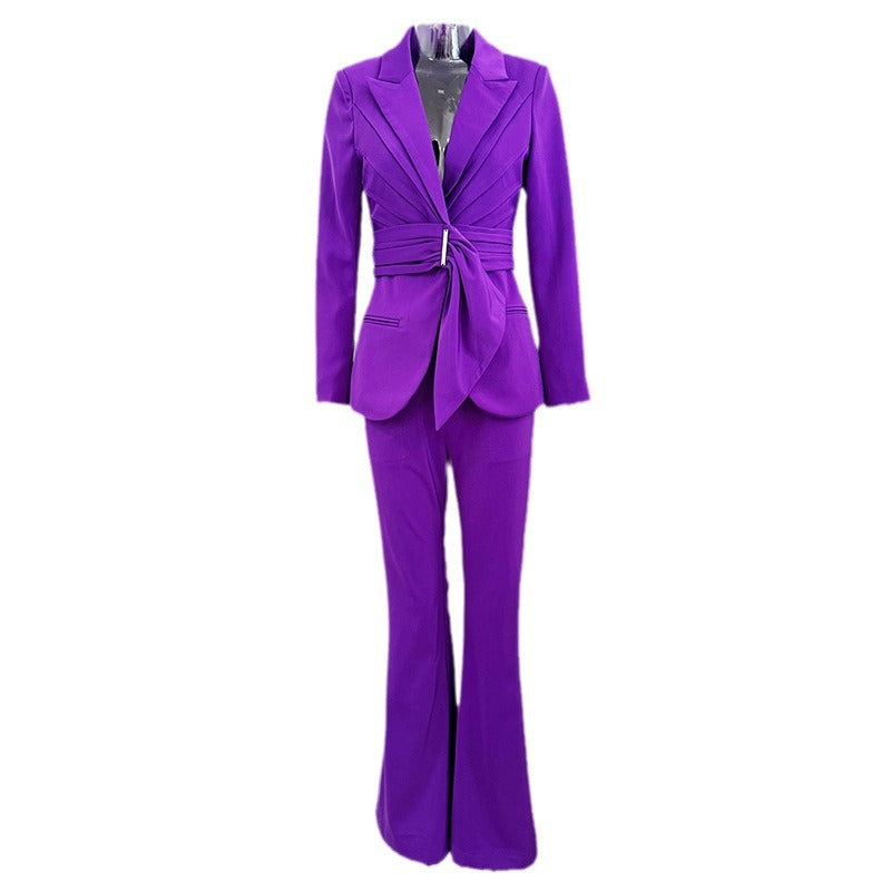 Draped belted blazer pants set with flared legs – Vronik