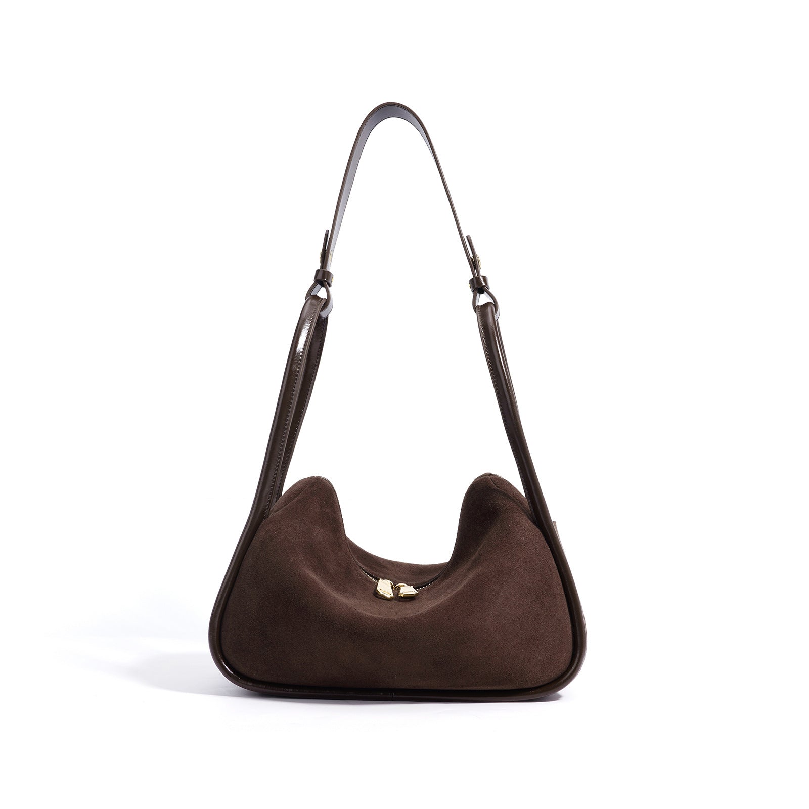 curved suede shoulder bag with gold twist lock – VIOLETTE