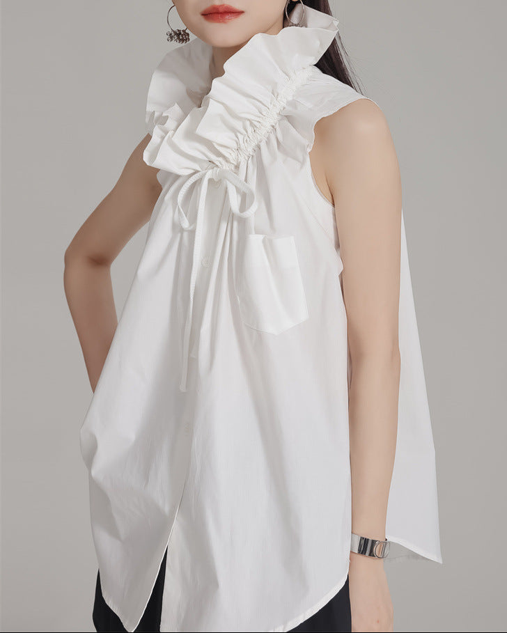 Sleeveless ruffle-collar shirt with bow detail – Endru