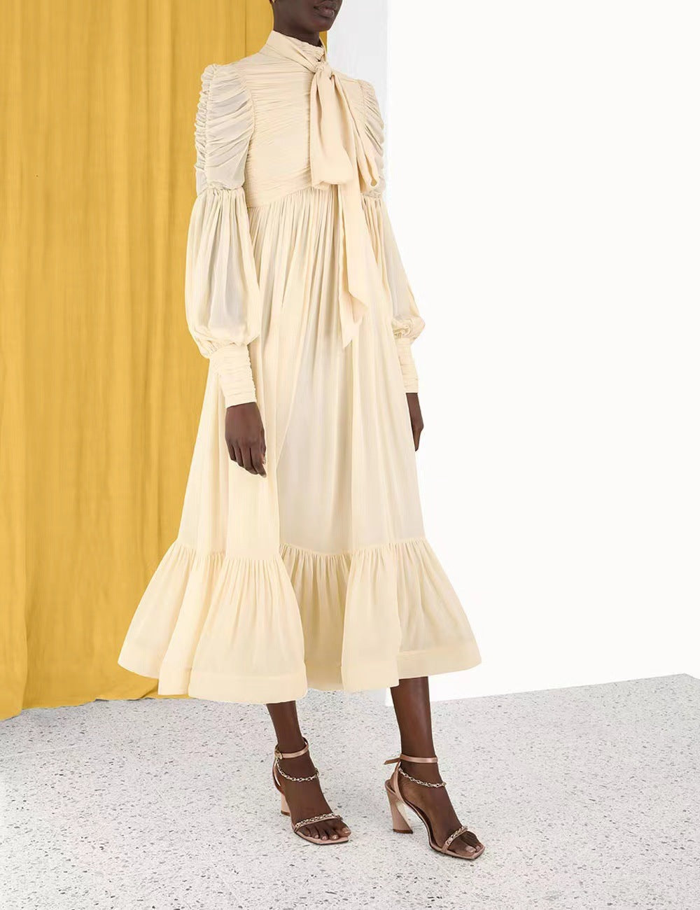 high-neck midi dress with necktie and puff sleeves – Thanmayu