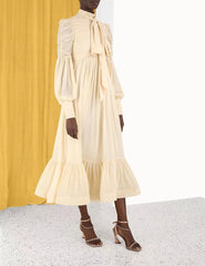 high-neck midi dress with necktie and puff sleeves – Thanmayu