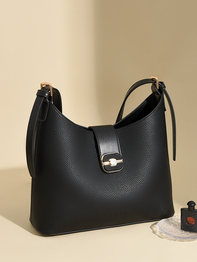 Pebbled Shoulder Bag with Buckle Flap Closure – STONE