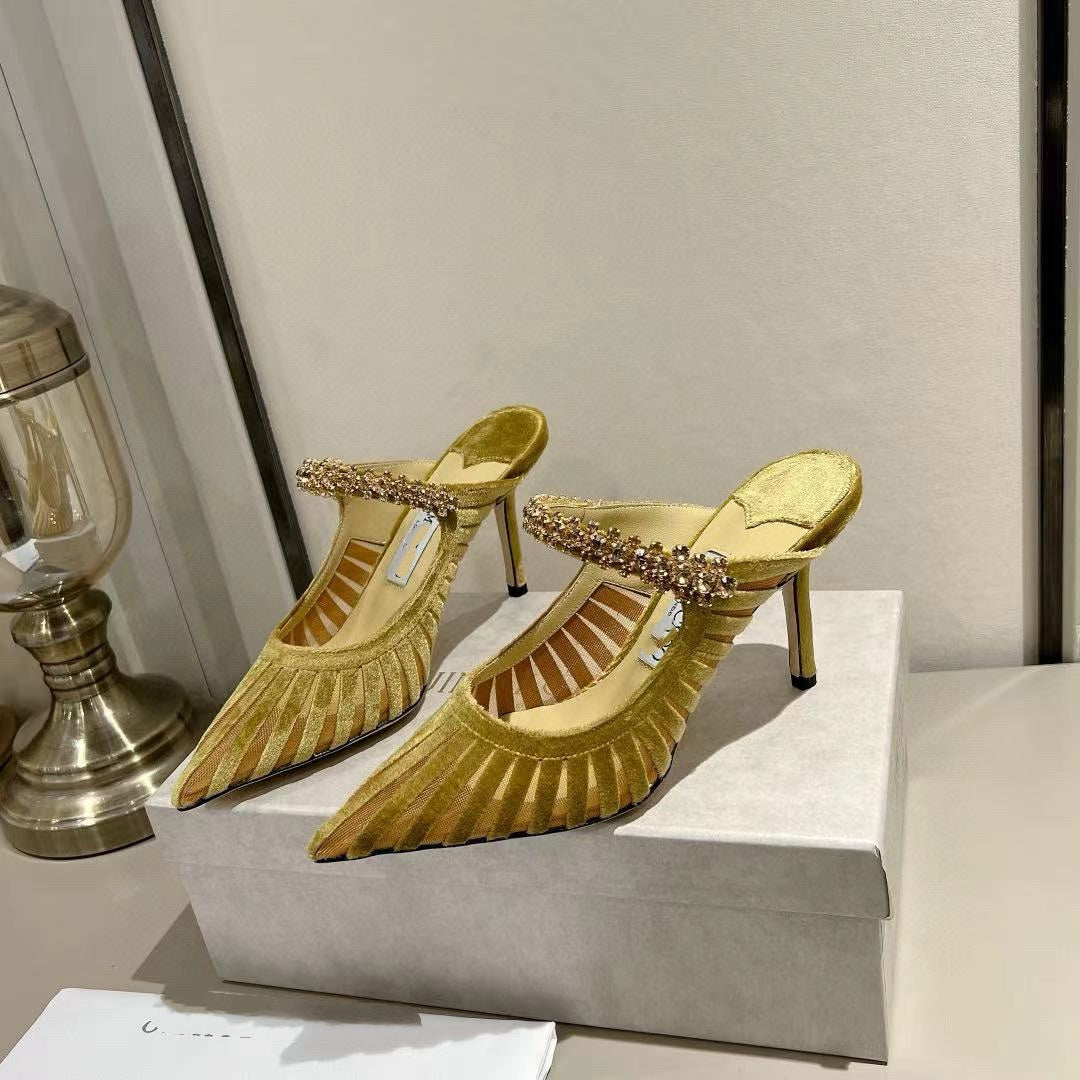 gold velvet slingback heels with crystal embellished strap – AMAALI
