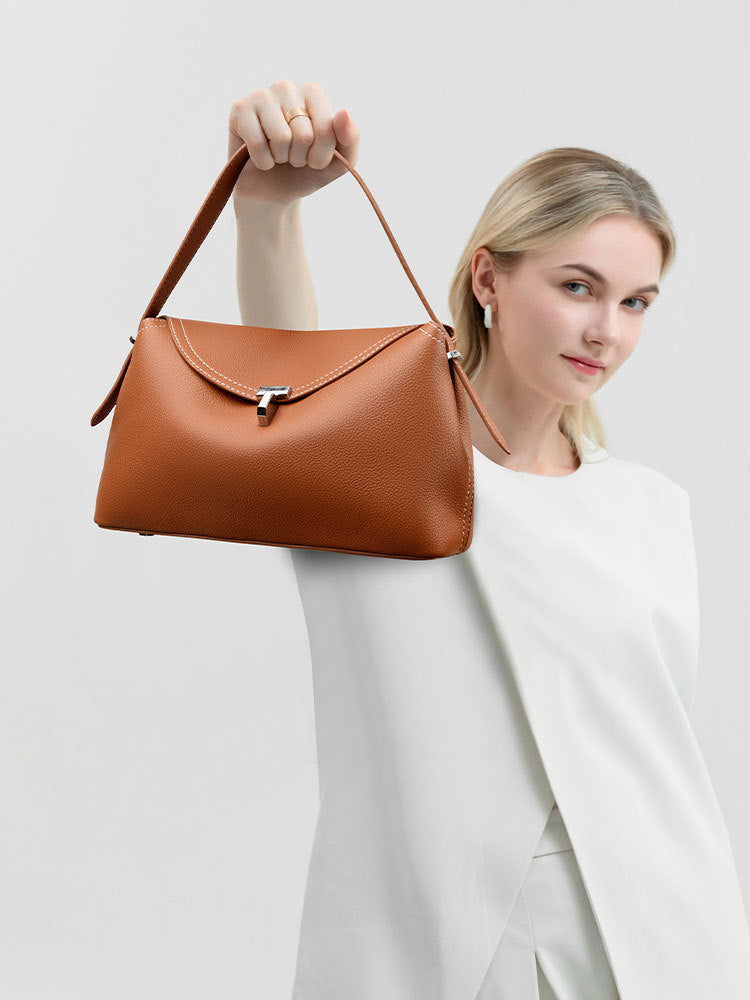 curved flap handbag with contrast stitching – TESSA