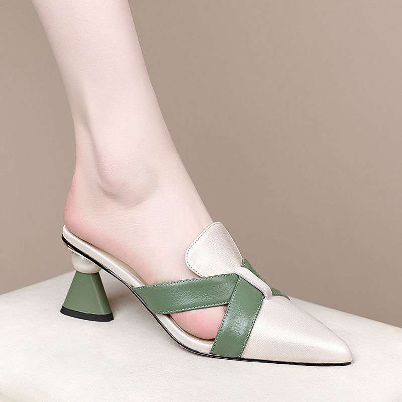 pointed leather mules with green cross straps and flared heels – VERONA