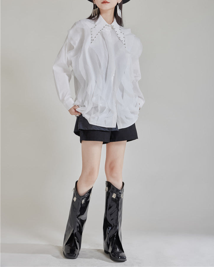 Long sleeve ruffle shirt with pearl collar - Sindu