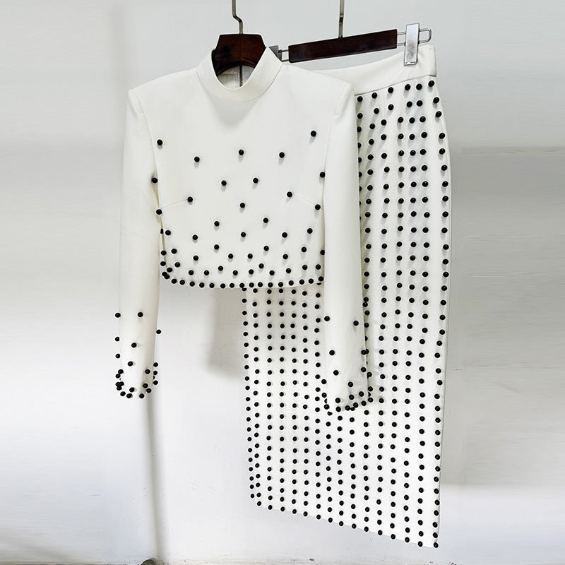 Studded crop top and column skirt set with shoulder pads – Zaidy