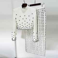 Studded crop top and column skirt set with shoulder pads – Zaidy