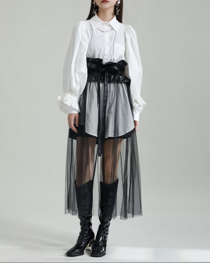 sheer tulle overlay skirt with voluminous shirt and corset belt - YUMI