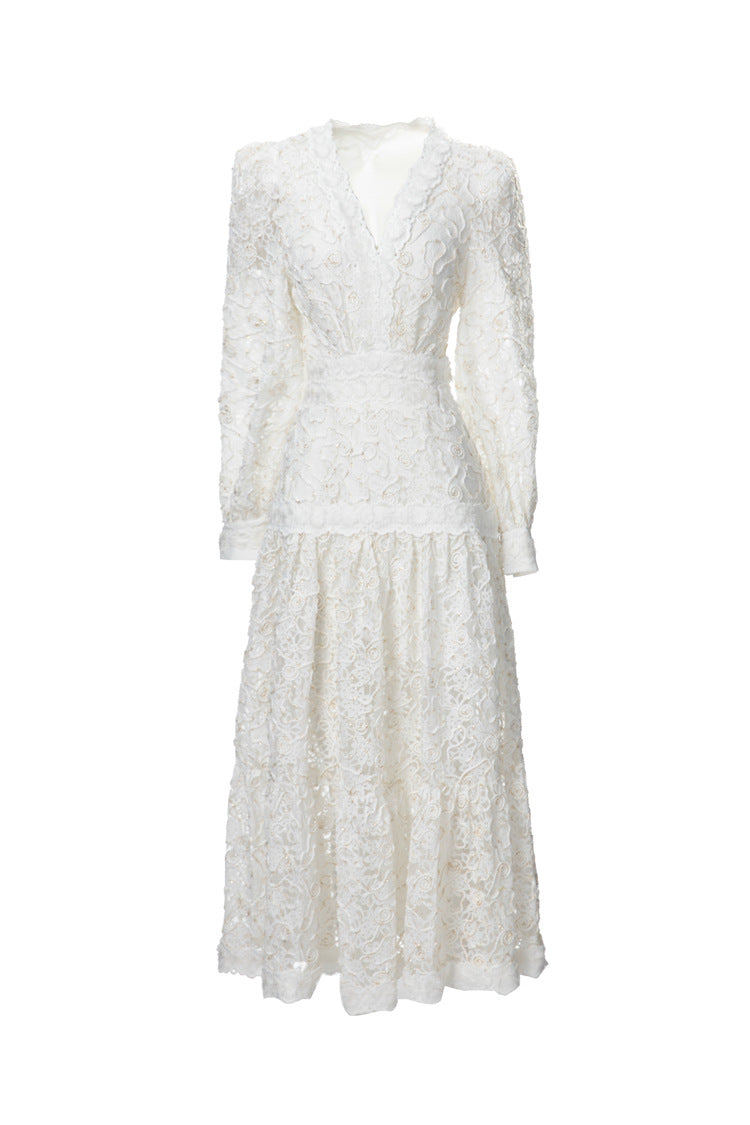 long-sleeve lace midi dress with scalloped neckline – Drance