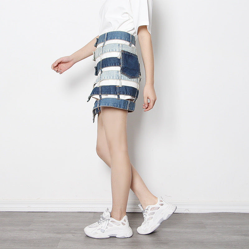 patchwork denim waist belt skirt - Talikha