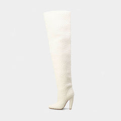 ivory faux leather knee-high boots with curved block heels – LUNIARA