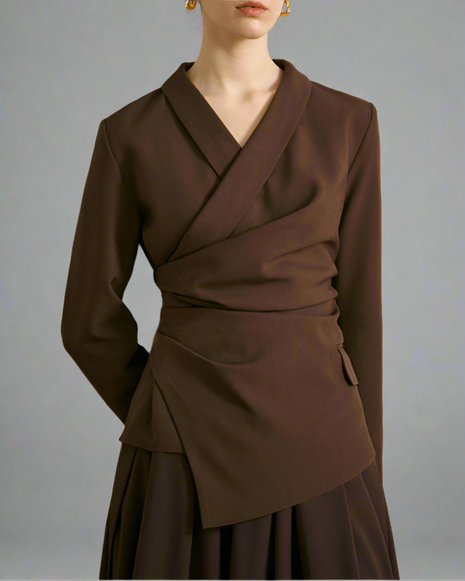 Asymmetrical Draped Blazer Top with V-Neckline - Vancu