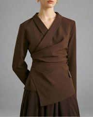 Asymmetrical Draped Blazer Top with V-Neckline - Vancu