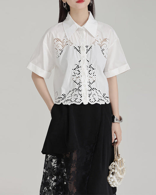 Short-sleeved shirt with lace hem - Cerna