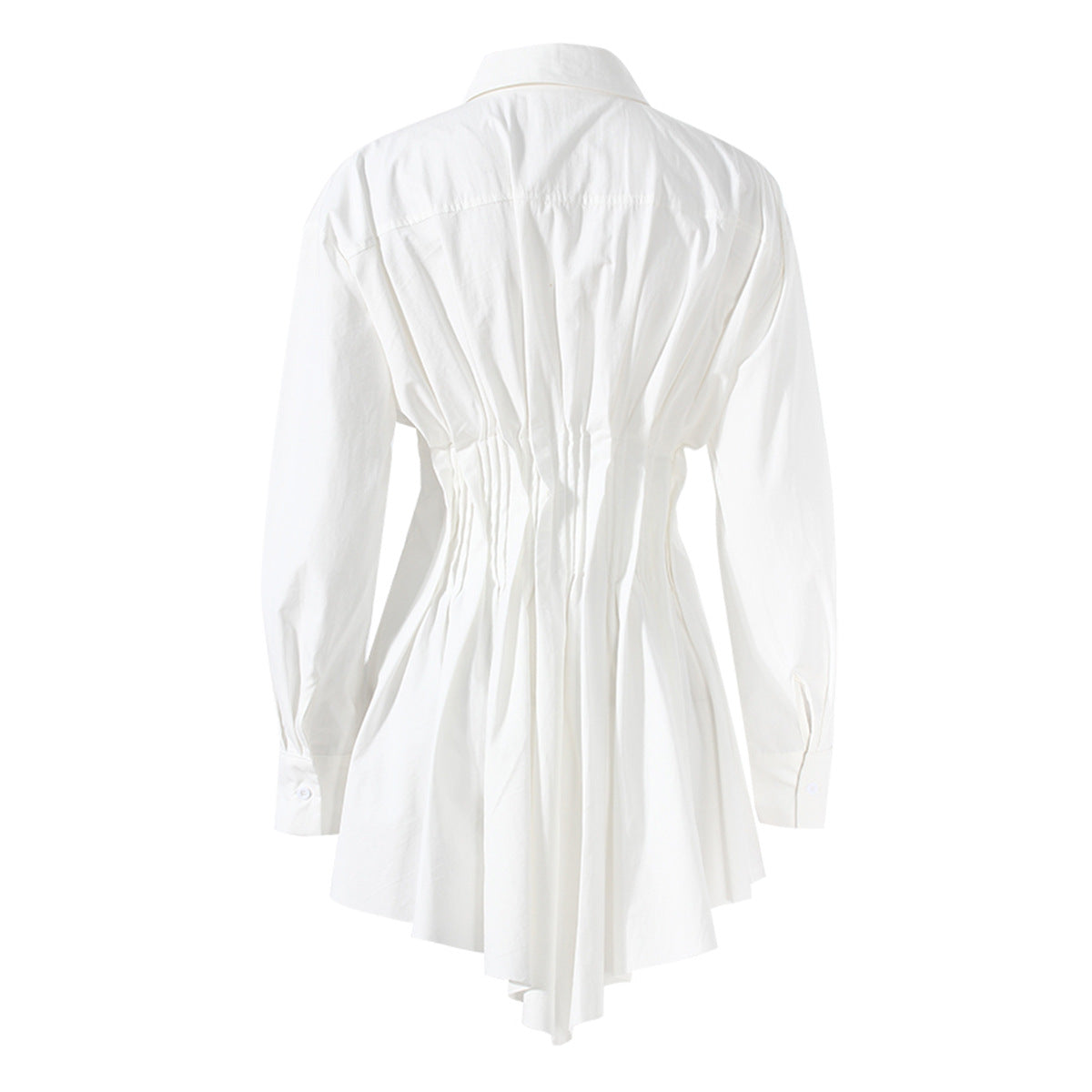 long-sleeve button-down shirt with ruched waist and flared hem – ODD- CLEO