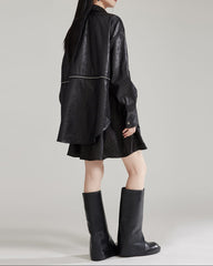 Oversized leather button-up shirt with tie-up detail - Wursy