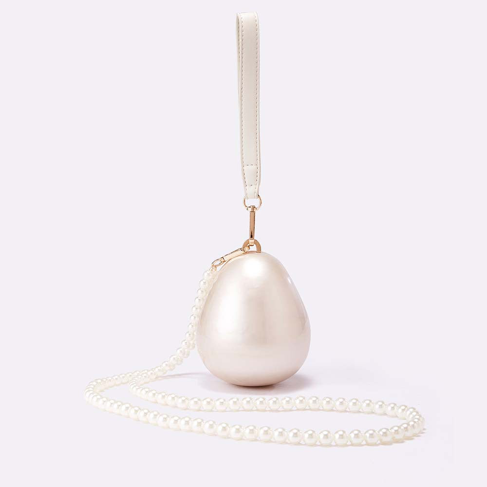 Pearl-Embellished Oval Clutch with Chain Strap - Artilu