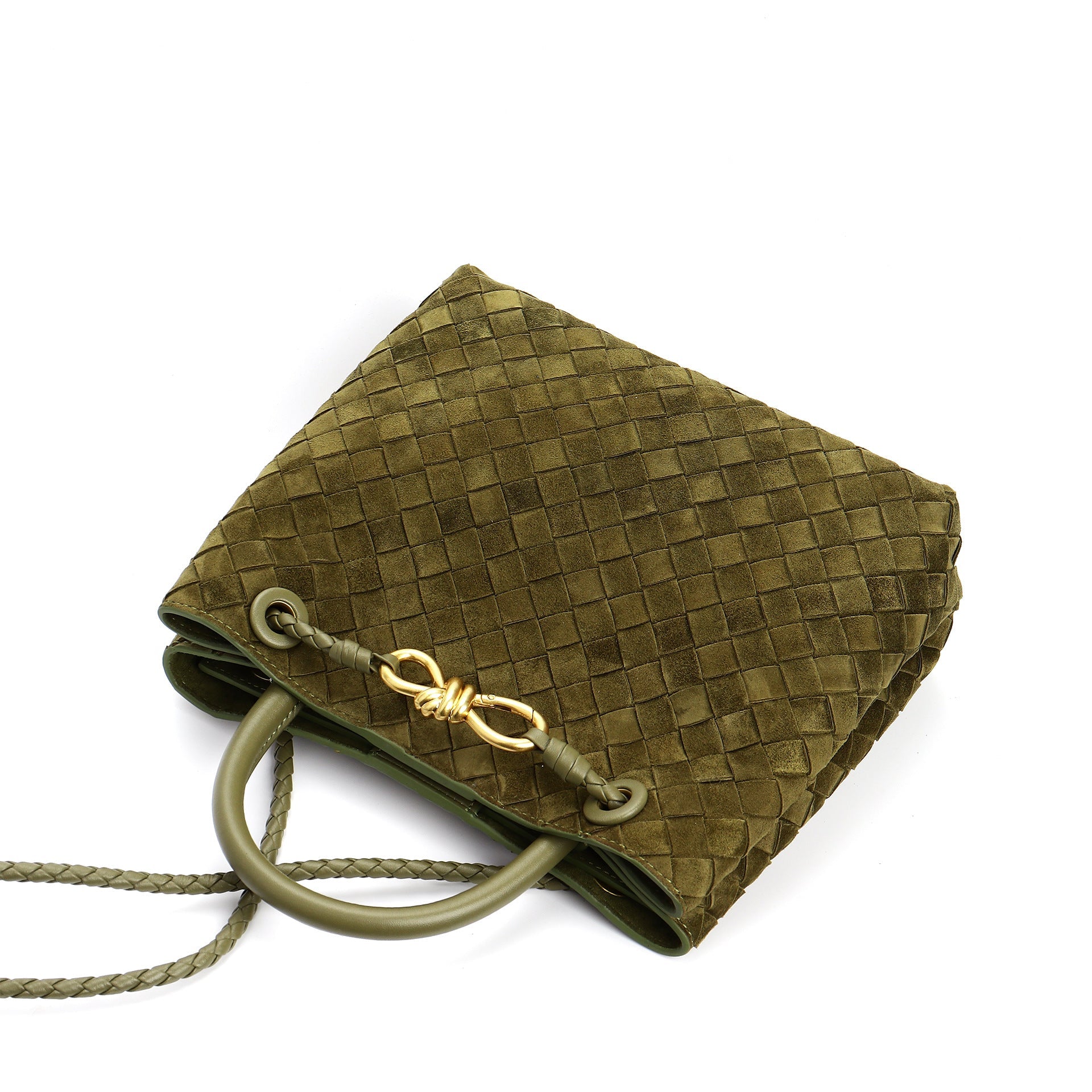 structured woven suede tote with golden knot clasp - DOZRA