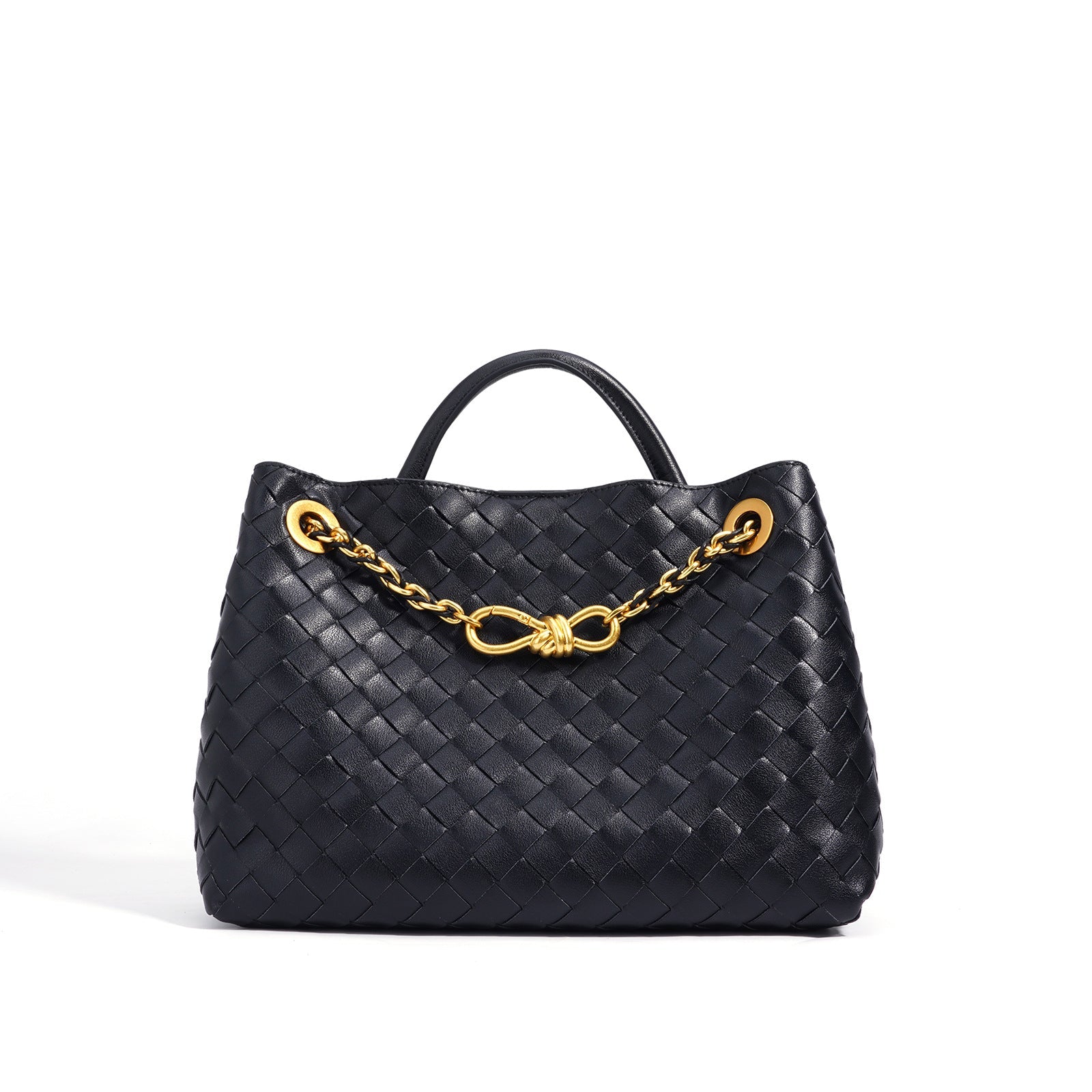 woven leather tote with gold chain detail – LYTRA