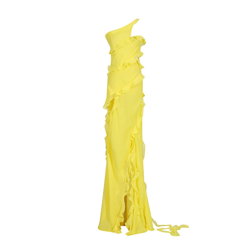 one-shoulder ruffle chiffon dress with high slit – GLORIA