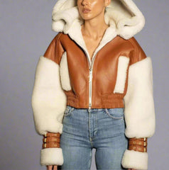 cropped leather and faux shearling hooded jacket - Joolie