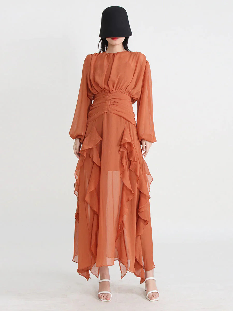 sheer ruffle-trim gown with draped bodice – Aanakec