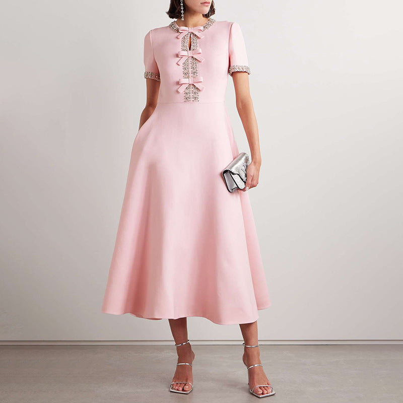 Short-sleeve A-line dress with embellished bows - Nutrodi