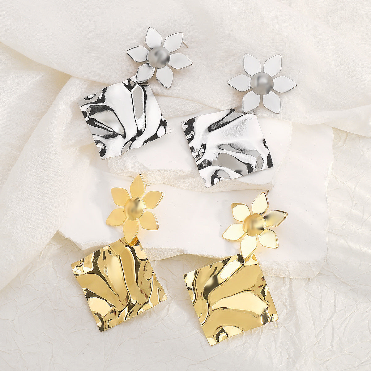 flower stud earrings with hammered square drop - SOLEAG