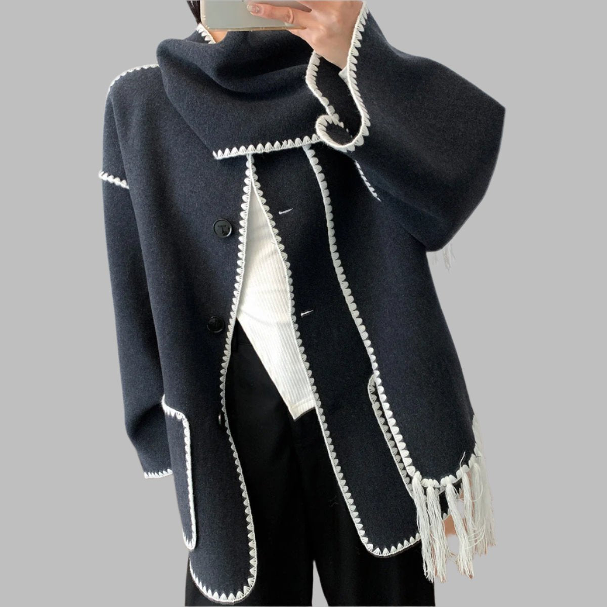 fringed cape jacket with contrast trim – Teghan