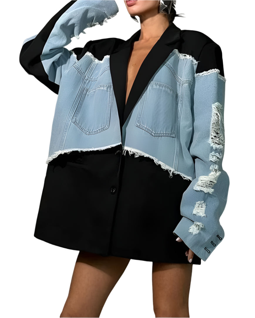 Oversized denim and black blazer with distressed sleeves - Nuldy