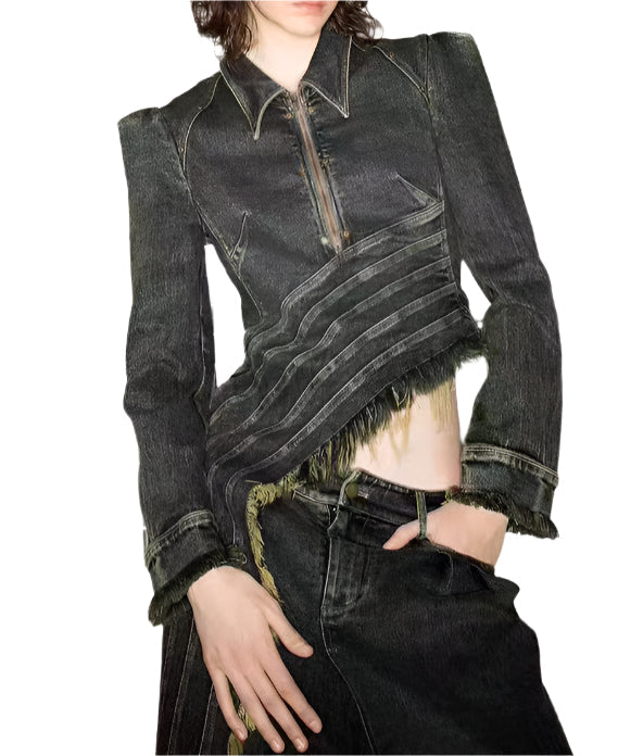 Asymmetrical Frayed Denim Jacket with Zipper Detail - Liksy