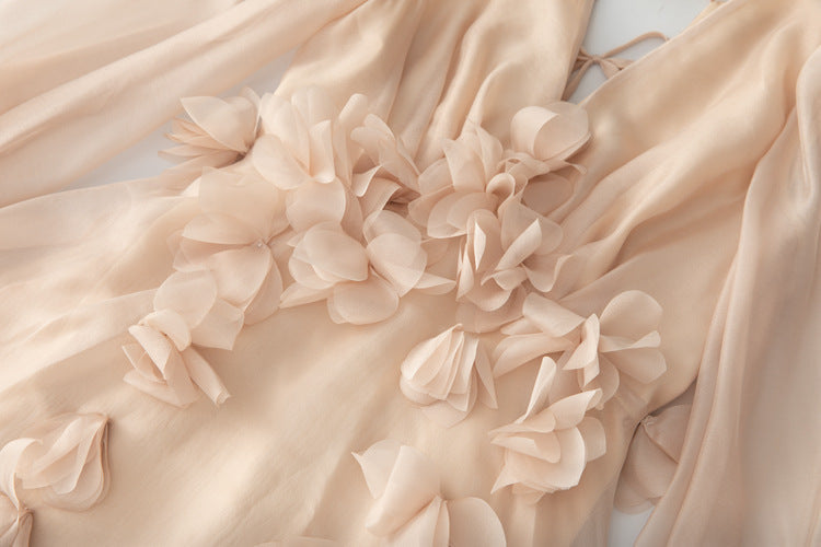 organza midi dress with 3D floral appliqués – Bahira