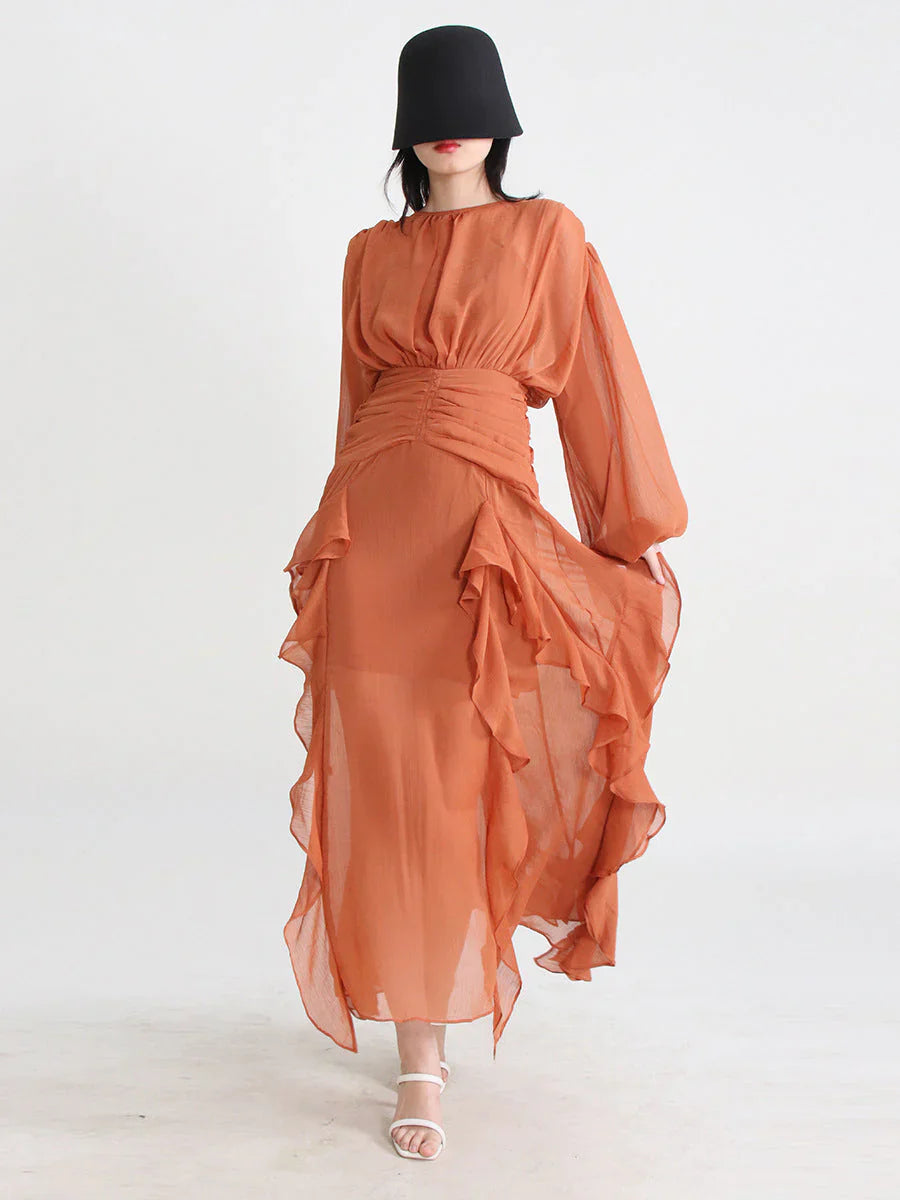 sheer ruffle-trim gown with draped bodice – Aanakec