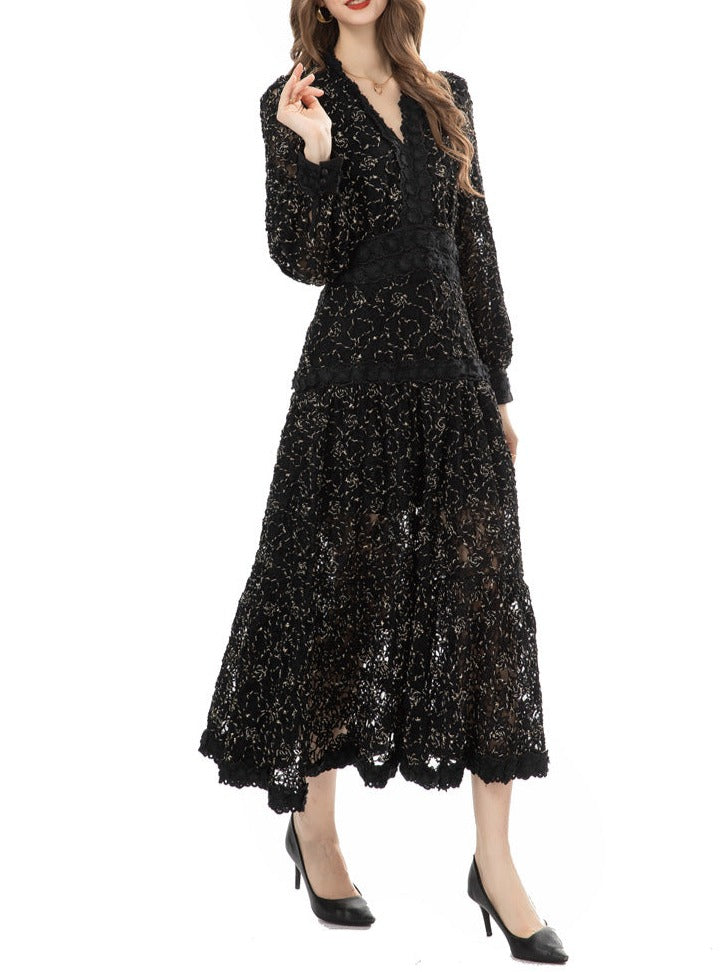 long-sleeve lace midi dress with scalloped neckline – Drance