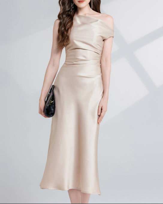asymmetric satin midi dress with draped shoulder - AURWA