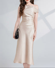 asymmetric satin midi dress with draped shoulder - AURWA